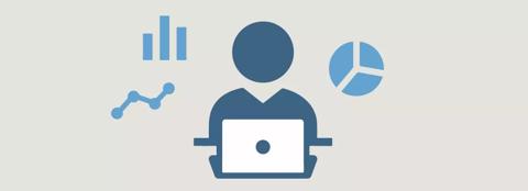 Graphic of person on a laptop and graphs surround them.