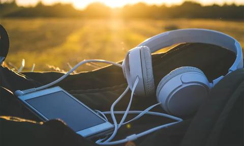 phone with headphones resting on bag in an open field