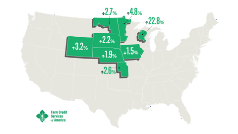 Grey US map with green states highlighted with land value percentages for each State.