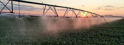 close up of a pivot irrigating field at sunset