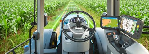 inside the cab looking out at the field with precision ag technology