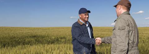 Two men shaking hands in a field