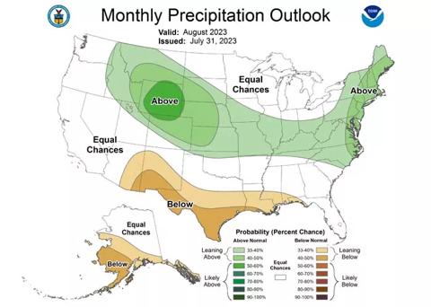 NOAA monthly precipitation outlook valid for August 2023