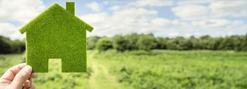 Hand holding a green house shaped  object with open land in the background