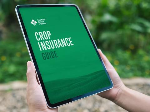 person sitting outside holding tablet with FCSAmerica Crop Insurance Guide on the screen