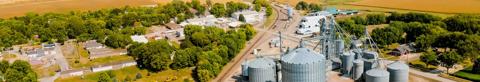 aerial view of rural community and grain bins