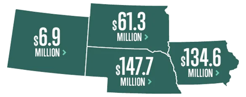 map of cash-back dividends for Iowa, Nebraska, South Dakota and Wyoming