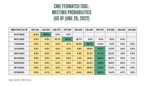 CME Fedwatch tool: Meeting Probabilities as of June 29, 2022