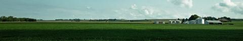 green field with farm buildings on the horizon