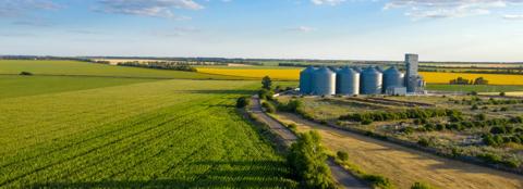 Crop field with silos in the distance